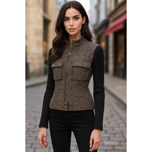 Vtg Harold's Herringbone Tweed Bomber Jacket Sweater Sleeves Small Designer Wool